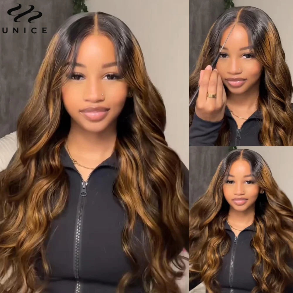 UNice Hair 7x5 Bye Bye Knots Glueless Wig: Brown Balayage Body Wave Wig Pre Cut Pre Bleached Human Hair Lace Wig 150%, Ships From - United States