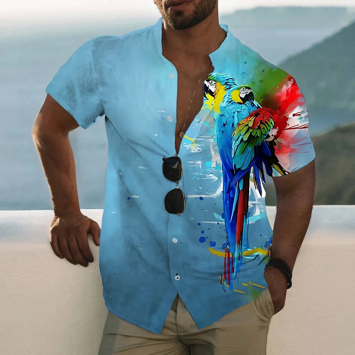 Casual Hawaiian Shirts 3d Parrot Print Men Clothing Summer Beach Short Sleeve Blouse Fashion Men's Vocation Lapel Camisa