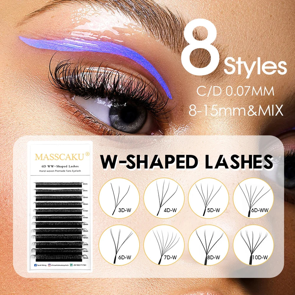 MASSCAKU Automatic Flowering W Shape Bloom 3D 4D 5D 6D 7D 8D Premade Fans Eyelashes Extensions Natural Soft Individual Lashes