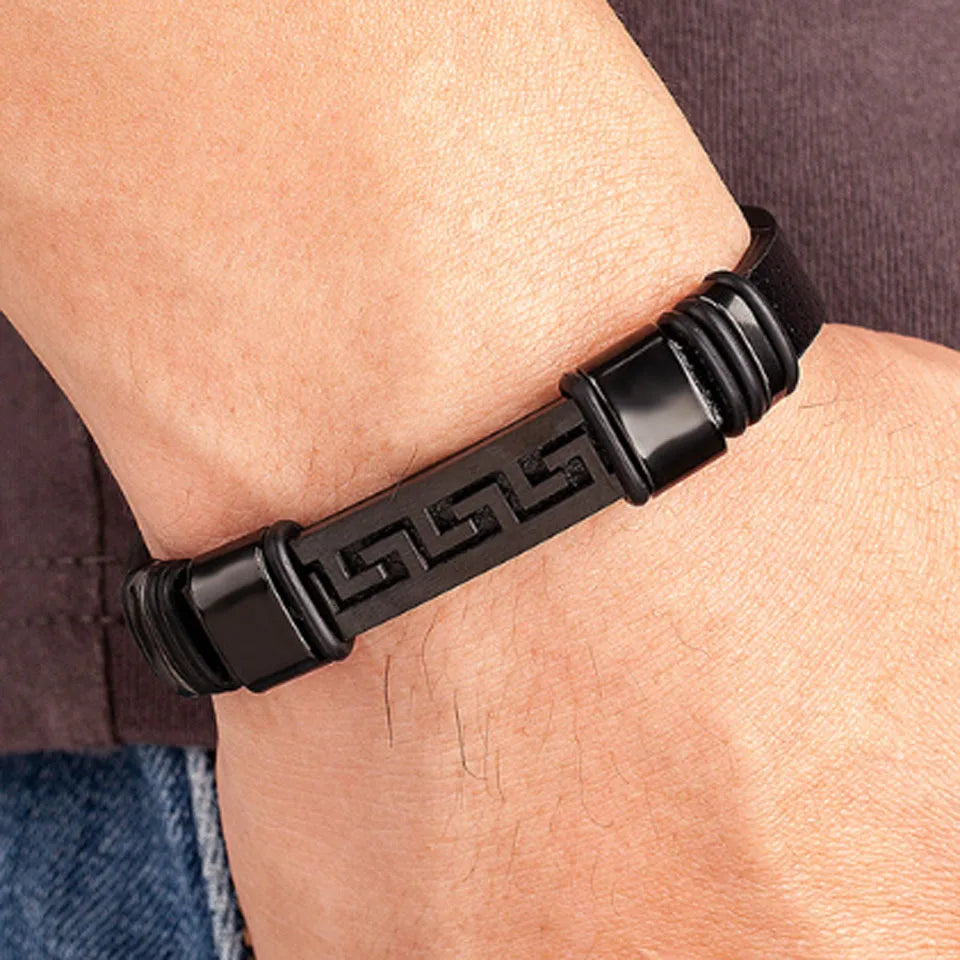 Leather Bracelet 316L Stainless Steel Buckle Fashion Men Hand Statement punk Bracelet