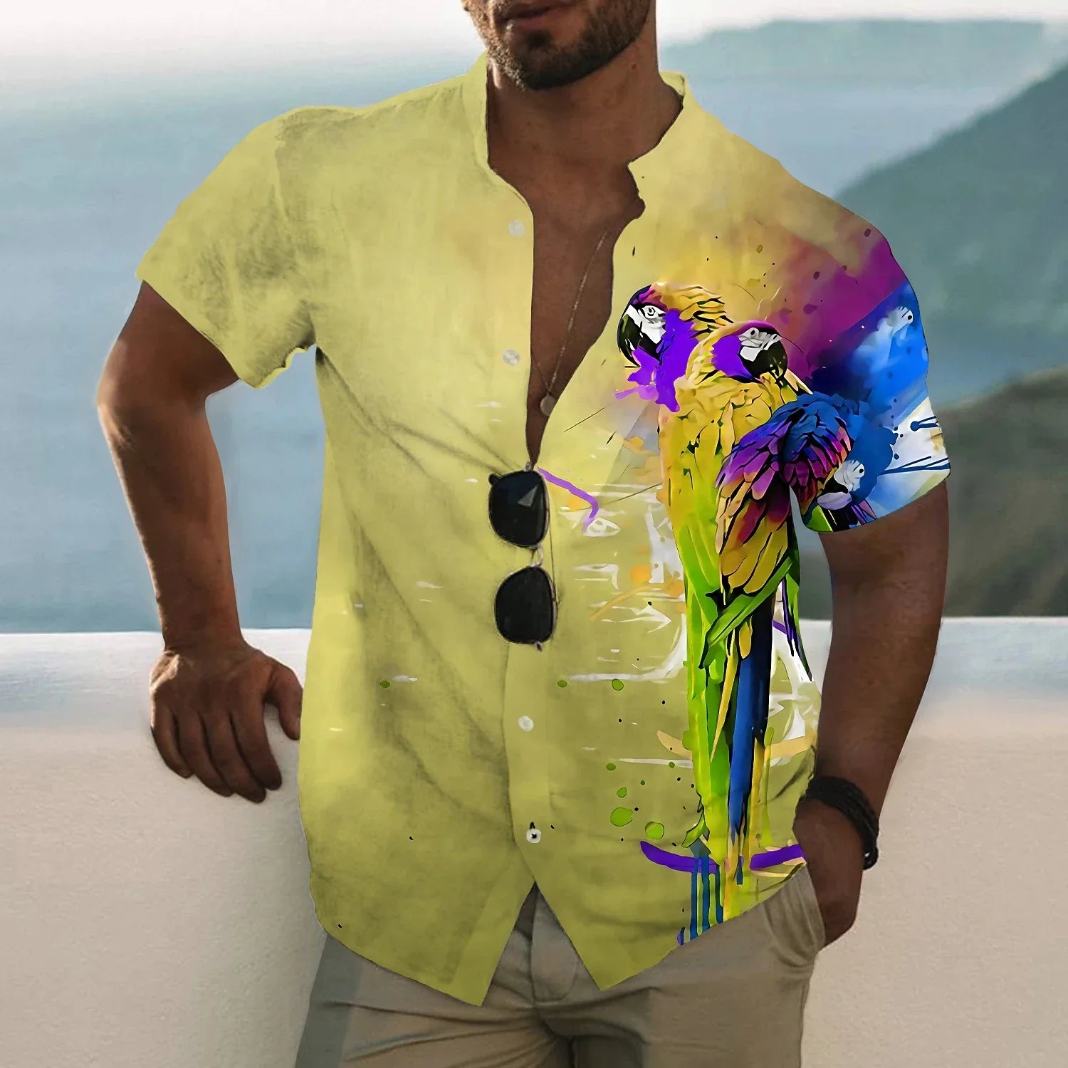 Casual Hawaiian Shirts 3d Parrot Print Men Clothing Summer Beach Short Sleeve Blouse Fashion Men's Vocation Lapel Camisa