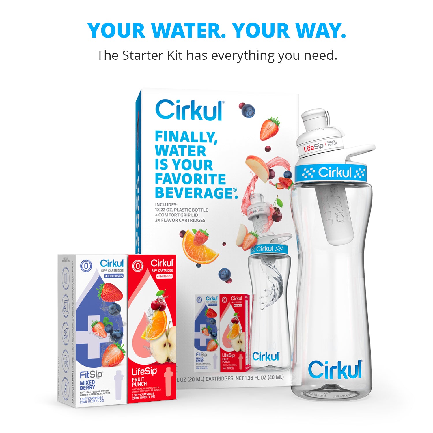 Cirkul Water Bottle + 2 Flavor Cartridge Starter Kit – 22 oz