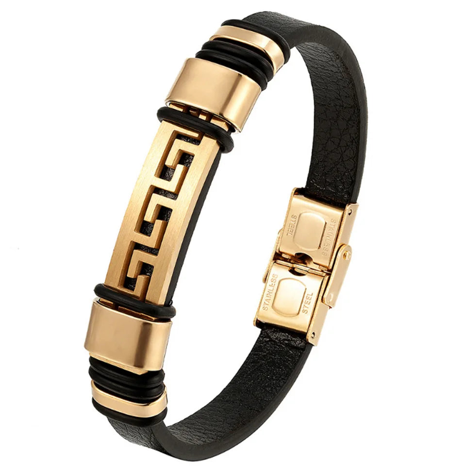 Leather Bracelet 316L Stainless Steel Buckle Fashion Men Hand Statement punk Bracelet