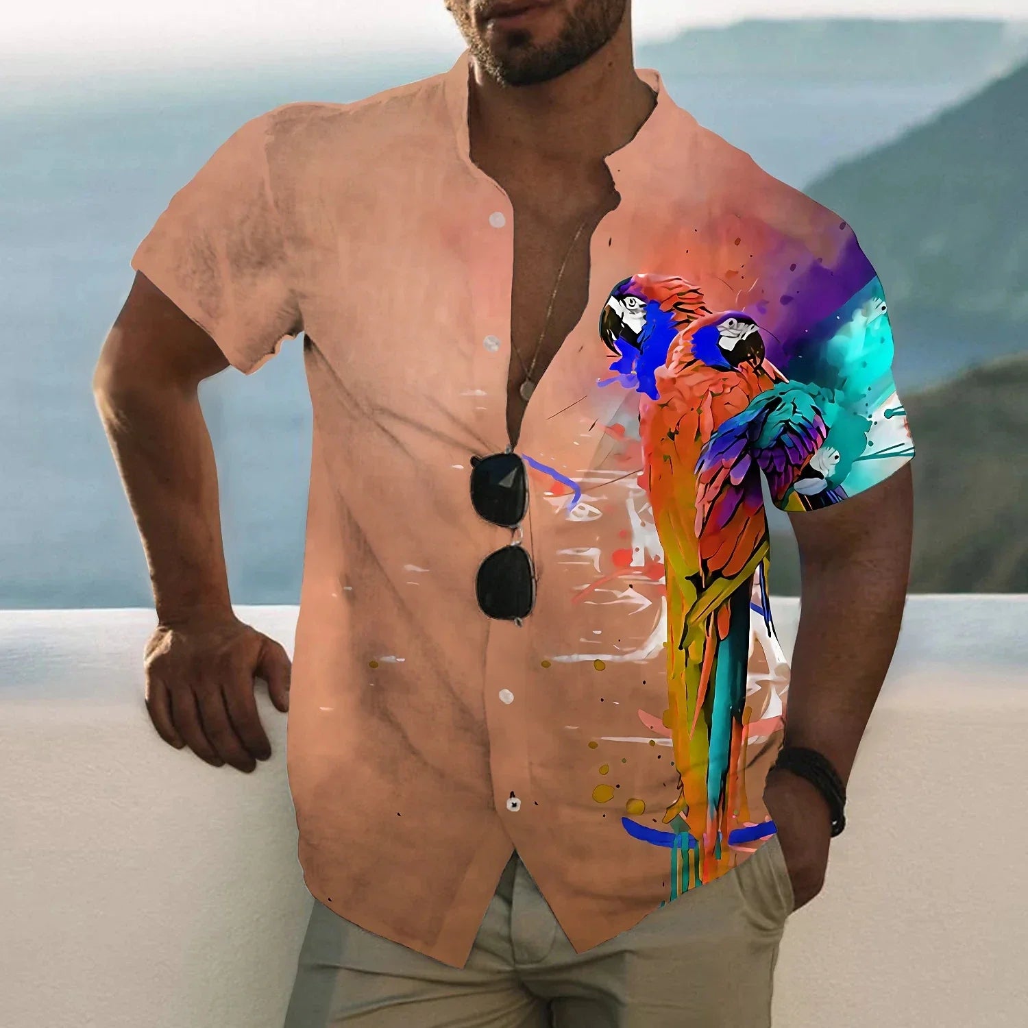 Casual Hawaiian Shirts 3d Parrot Print Men Clothing Summer Beach Short Sleeve Blouse Fashion Men's Vocation Lapel Camisa