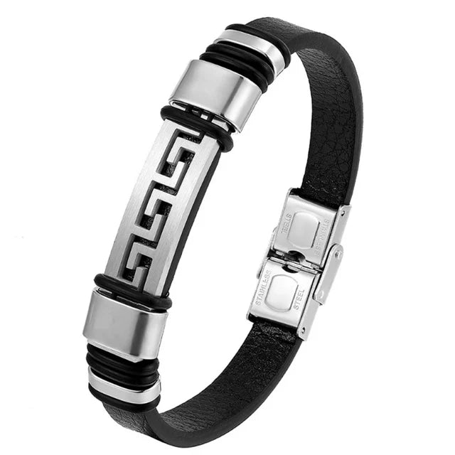 Leather Bracelet 316L Stainless Steel Buckle Fashion Men Hand Statement punk Bracelet