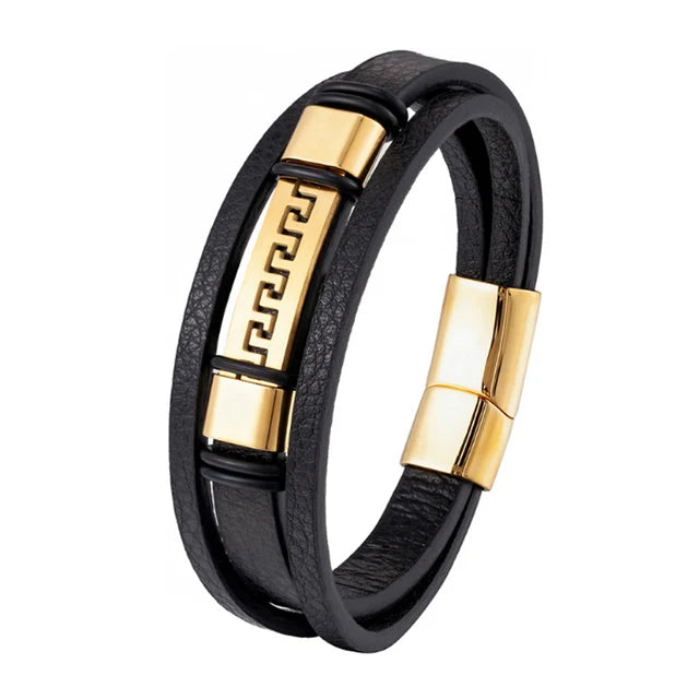 Leather Bracelet 316L Stainless Steel Buckle Fashion Men Hand Statement punk Bracelet