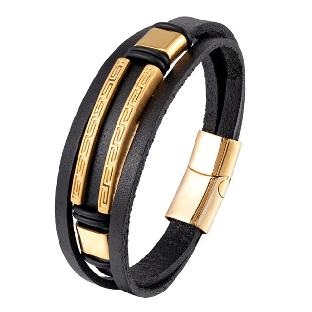 Leather Bracelet 316L Stainless Steel Buckle Fashion Men Hand Statement punk Bracelet