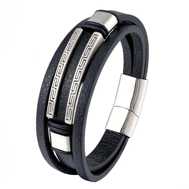 Leather Bracelet 316L Stainless Steel Buckle Fashion Men Hand Statement punk Bracelet